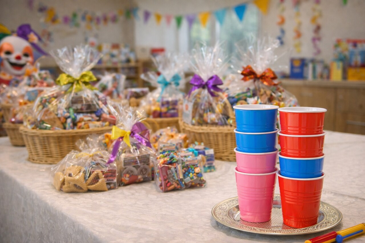 9 oz Purim Party Cups – 10 Pack Disposable Cups in Pink, Blue or Red – Holiday Classroom & Carnival Drinkware